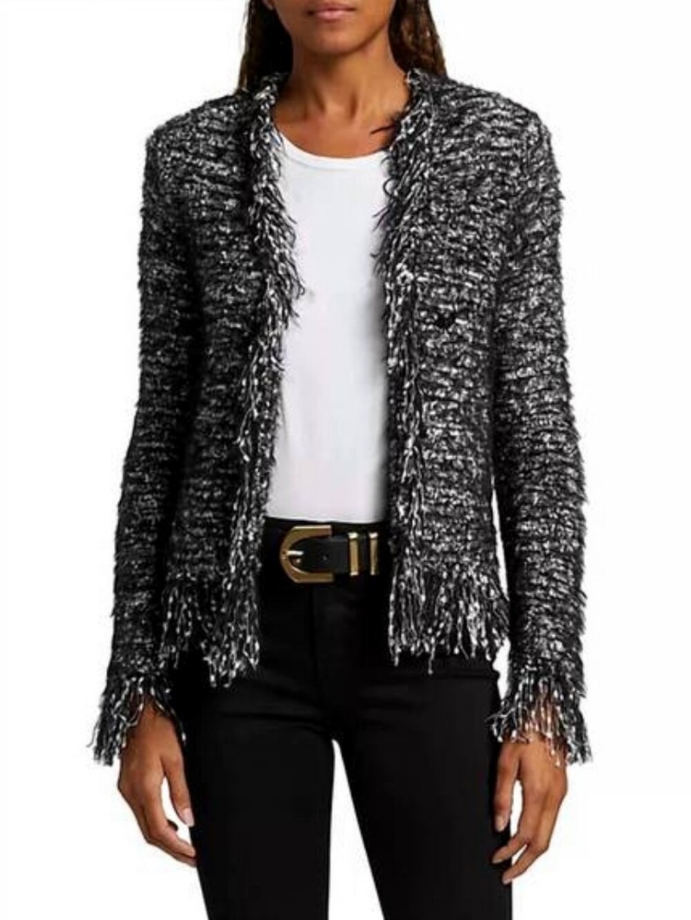 🆕 L'AGENCE "EYELASHES" BLACK & SILVER TEXTURED BOUCLE FRINGE JACKET CARDIGAN